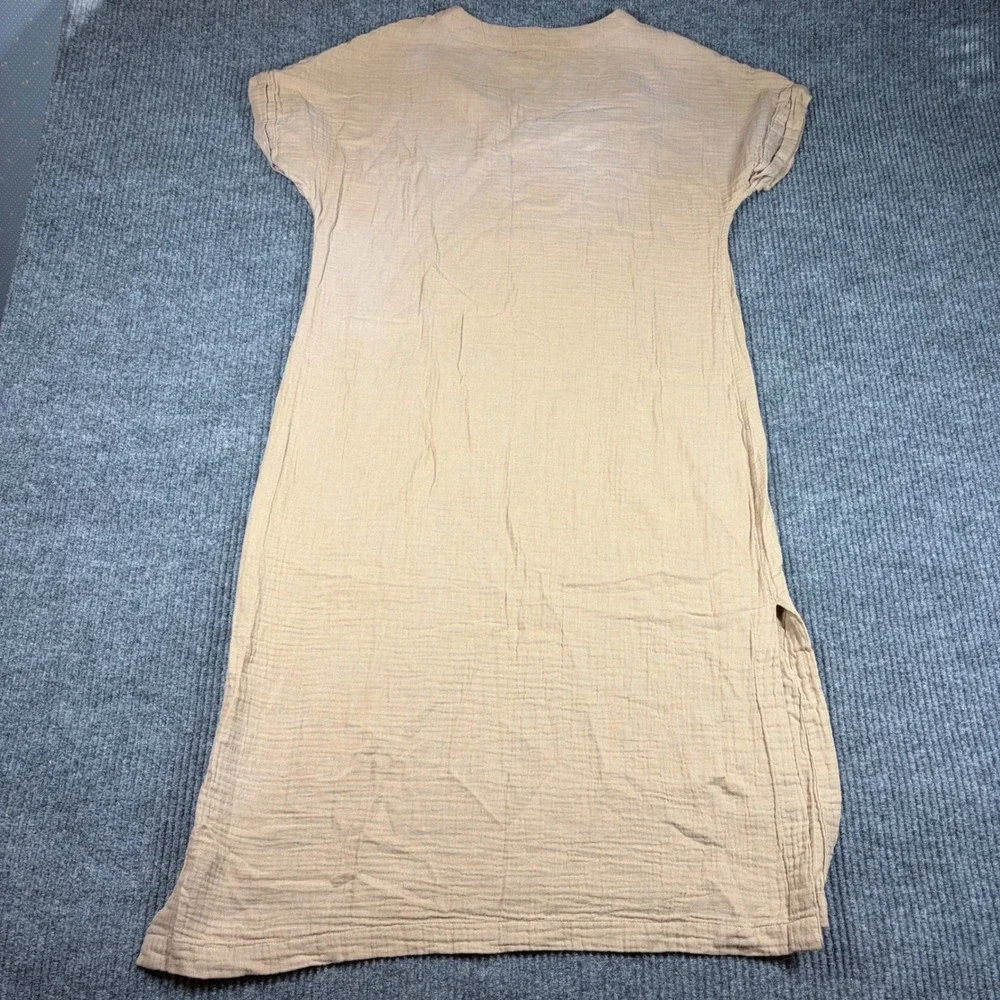 Faherty Dress Womens M/L Cloud Cotton Midi Tan V-Neck Short Sleeve Side Slit